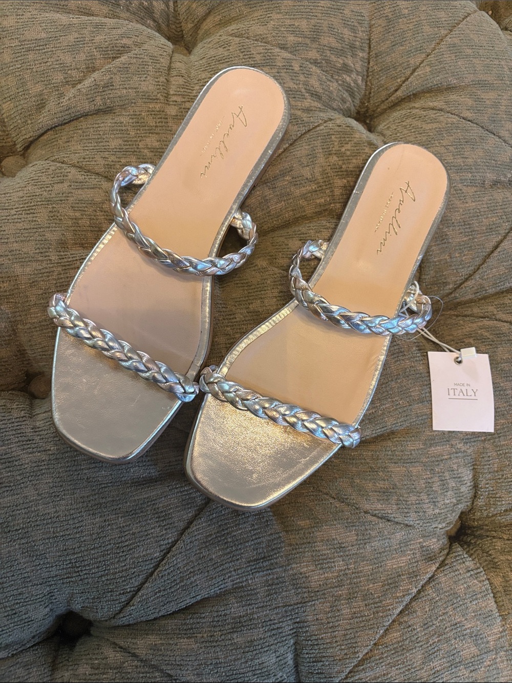 Avellini Silver and Gold Braided Strap Slide Sandals. Made in Italy